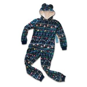 Disney Parks Mickey Mouse Holiday One Piece Pajamas Hood Mickey Ears Youth‎ Sz L